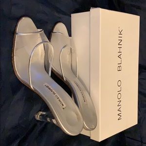 Manila Blahnik Napa Silver Clear Heels